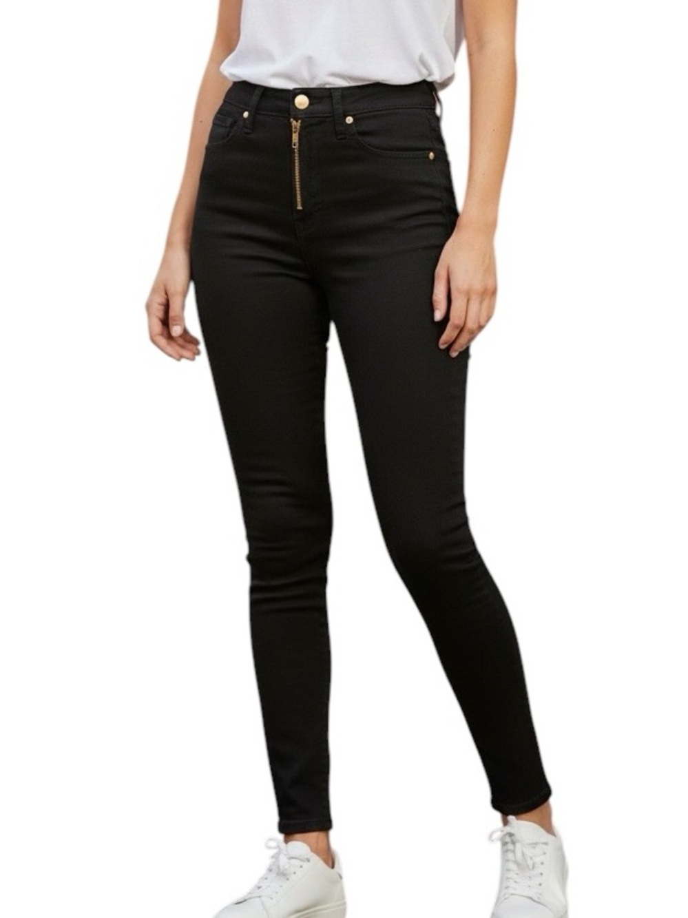 Alice + Olivia OA.LA Black Good High Rise Skinny Jeans with Gold Hardware Sz 25”
